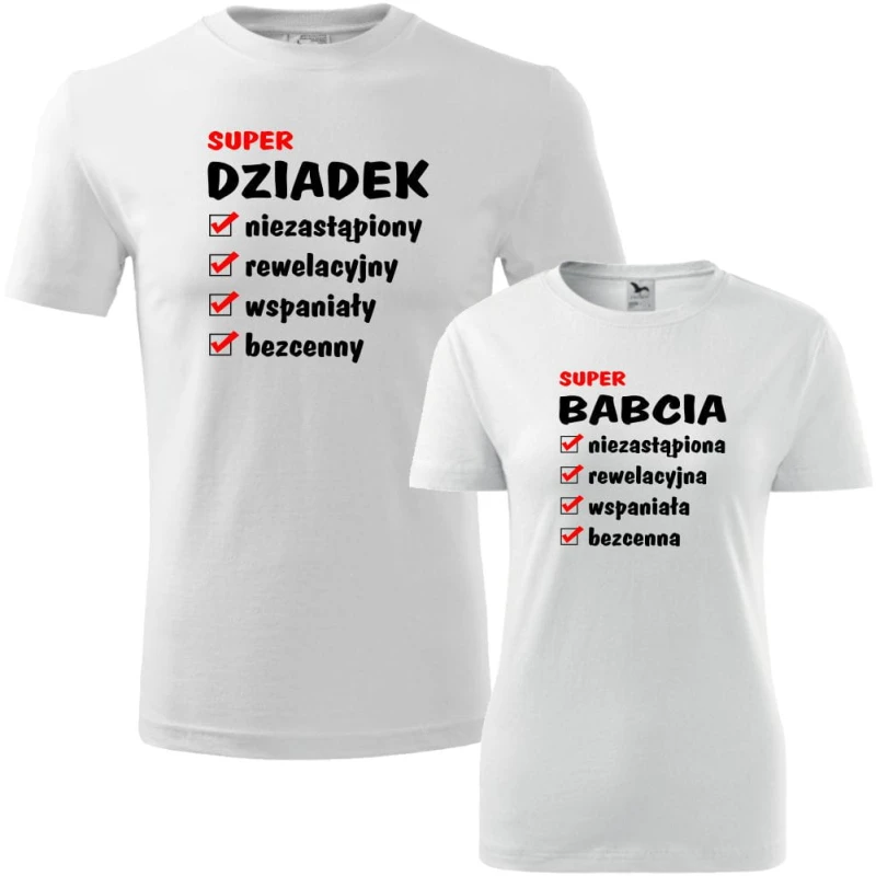 biały zestaw koszulek damska i męska - zalety super babci i super dziadka.
