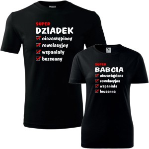 czarny zestaw koszulek damska i męska - zalety super babci i super dziadka.