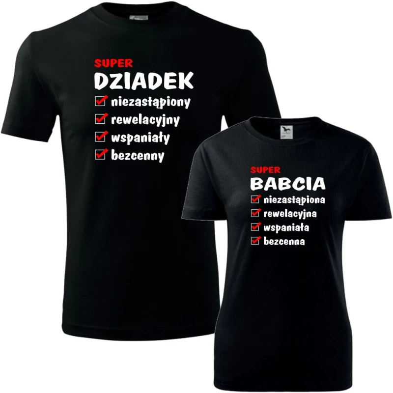 czarny zestaw koszulek damska i męska - zalety super babci i super dziadka.