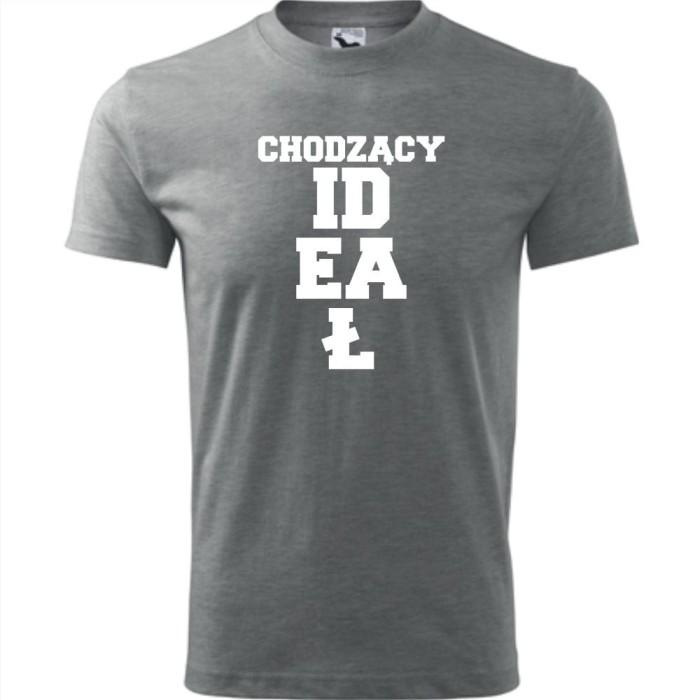 Szara Męska koszulka - Chodzący ideał - prezent dla chłopaka. Dostępne wszystkie rozmiary S, M, L, XL, XXL, XXXL, XXXXL. Zapraszamy do zakupu.