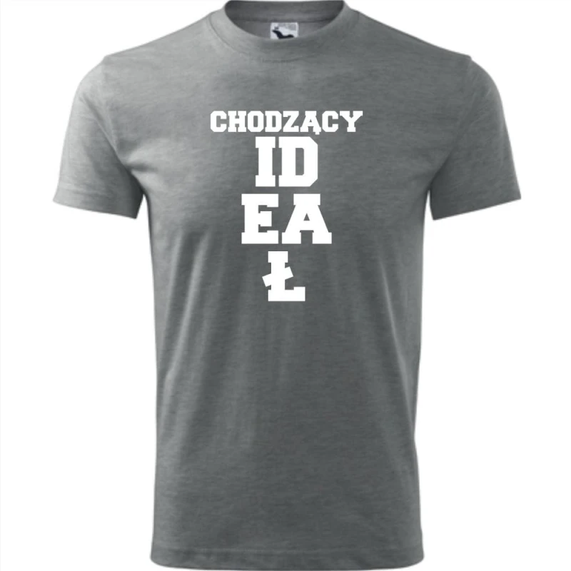 Szara Męska koszulka - Chodzący ideał - prezent dla chłopaka. Dostępne wszystkie rozmiary S, M, L, XL, XXL, XXXL, XXXXL. Zapraszamy do zakupu.