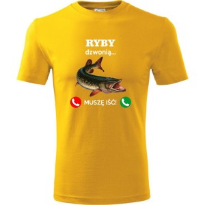 żółta męska koszulka - ryby dzwonią. muszę iść! t-shirt dla wędkarza na prezent. Dostępne wszystkie rozmiary S, M, L, XL, XXL, XXXL, XXXXL. Zapraszamy do zakupu.