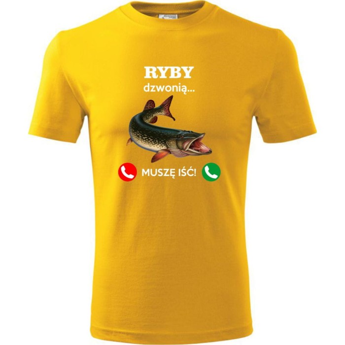 żółta męska koszulka - ryby dzwonią. muszę iść! t-shirt dla wędkarza na prezent. Dostępne wszystkie rozmiary S, M, L, XL, XXL, XXXL, XXXXL. Zapraszamy do zakupu.