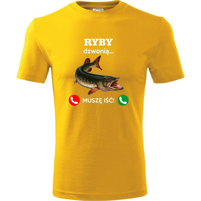 żółta męska koszulka - ryby dzwonią. muszę iść! t-shirt dla wędkarza na prezent. Dostępne wszystkie rozmiary S, M, L, XL, XXL, XXXL, XXXXL. Zapraszamy do zakupu.