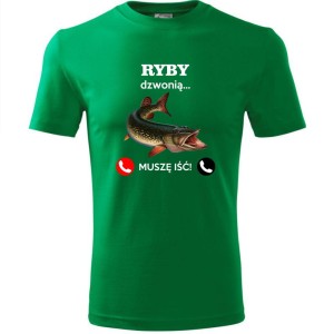 zielona męska koszulka - ryby dzwonią. muszę iść! t-shirt dla wędkarza na prezent. Dostępne wszystkie rozmiary S, M, L, XL, XXL, XXXL, XXXXL. Zapraszamy do zakupu.
