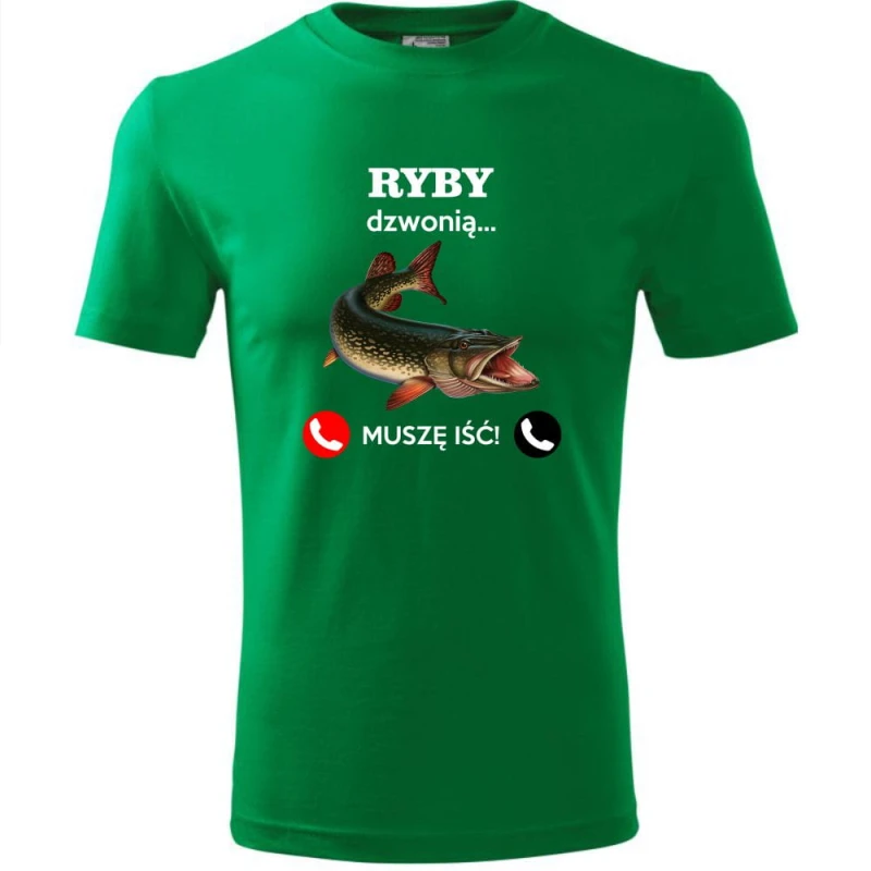 zielona męska koszulka - ryby dzwonią. muszę iść! t-shirt dla wędkarza na prezent. Dostępne wszystkie rozmiary S, M, L, XL, XXL, XXXL, XXXXL. Zapraszamy do zakupu.