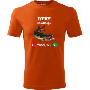 pomarańczowa męska koszulka - ryby dzwonią. muszę iść! t-shirt dla wędkarza na prezent. Dostępne wszystkie rozmiary S, M, L, XL, XXL, XXXL, XXXXL. Zapraszamy do zakupu.