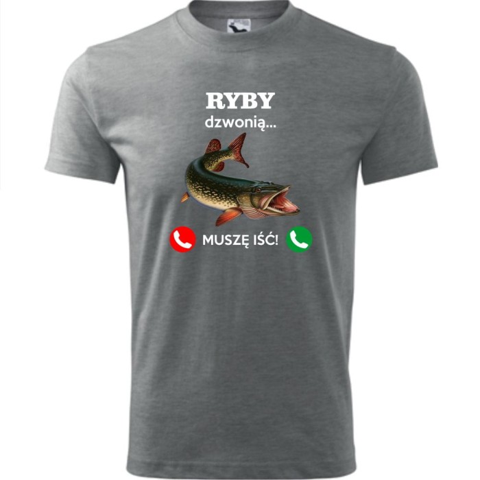 szara męska koszulka - ryby dzwonią. muszę iść! t-shirt dla wędkarza na prezent. Dostępne wszystkie rozmiary S, M, L, XL, XXL, XXXL, XXXXL. Zapraszamy do zakupu.