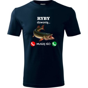 granatowa męska koszulka - ryby dzwonią. muszę iść! t-shirt dla wędkarza na prezent. Dostępne wszystkie rozmiary S, M, L, XL, XXL, XXXL, XXXXL. Zapraszamy do zakupu.