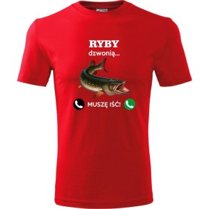czerwona męska koszulka - ryby dzwonią. muszę iść! t-shirt dla wędkarza na prezent. Dostępne wszystkie rozmiary S, M, L, XL, XXL, XXXL, XXXXL. Zapraszamy do zakupu.
