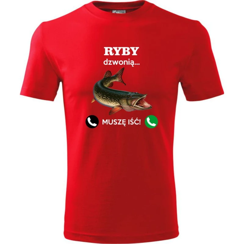 czerwona męska koszulka - ryby dzwonią. muszę iść! t-shirt dla wędkarza na prezent. Dostępne wszystkie rozmiary S, M, L, XL, XXL, XXXL, XXXXL. Zapraszamy do zakupu.