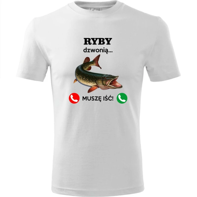 biała męska koszulka - ryby dzwonią. muszę iść! t-shirt dla wędkarza na prezent. Dostępne wszystkie rozmiary S, M, L, XL, XXL, XXXL, XXXXL. Zapraszamy do zakupu.