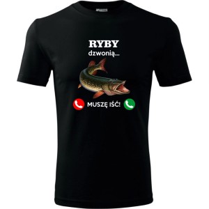 czarna męska koszulka - ryby dzwonią. muszę iść! t-shirt dla wędkarza na prezent. Dostępne wszystkie rozmiary S, M, L, XL, XXL, XXXL, XXXXL. Zapraszamy do zakupu.