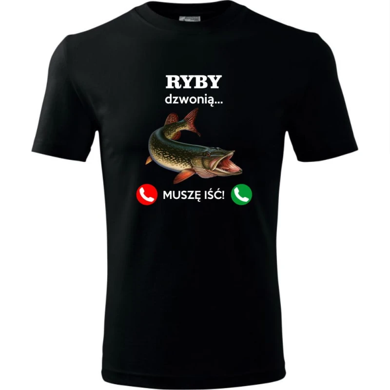 czarna męska koszulka - ryby dzwonią. muszę iść! t-shirt dla wędkarza na prezent. Dostępne wszystkie rozmiary S, M, L, XL, XXL, XXXL, XXXXL. Zapraszamy do zakupu.