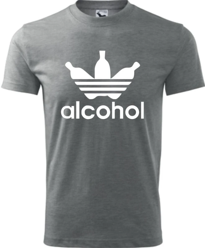 szara Męska koszulka - Alcohol, śmieszna i wyjątkowa. T-shirt jak znane logo ADIDAS. Dostępne wszystkie rozmiary S, M, L, XL, XXL, XXXL, XXXXL. Zapraszamy do zakupu.