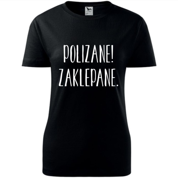 Czarna Damska koszulka taliowana - Polizane zaklepane.