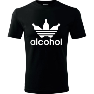 czarna Męska koszulka - Alcohol, śmieszna i wyjątkowa. T-shirt jak znane logo ADIDAS. Dostępne wszystkie rozmiary S, M, L, XL, XXL, XXXL, XXXXL. Zapraszamy do zakupu.
