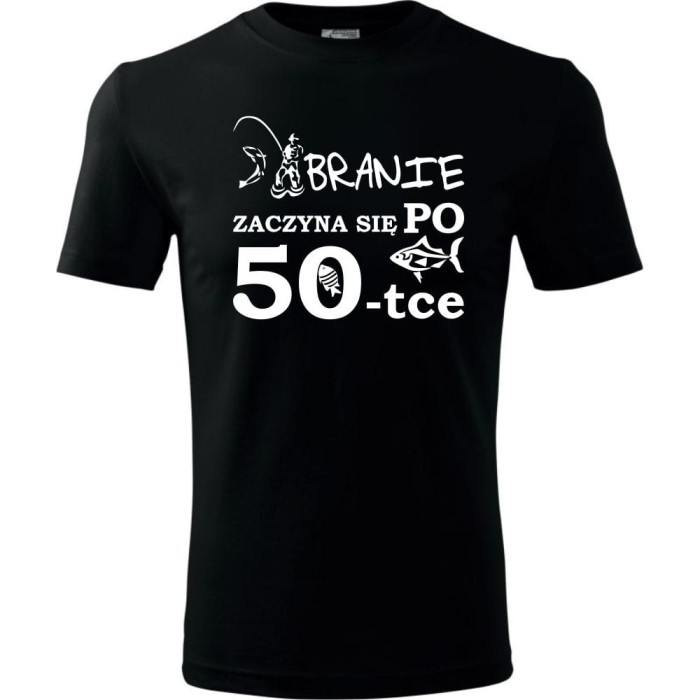 Czarna Męska koszulka - branie zaczyna się po 50 - t-shirt na urodziny na prezent ryba.