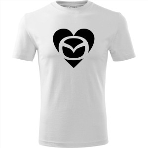 Biała męska koszulka - mazda love serce t-shirt motoryzacyjny dla fana samochodów.