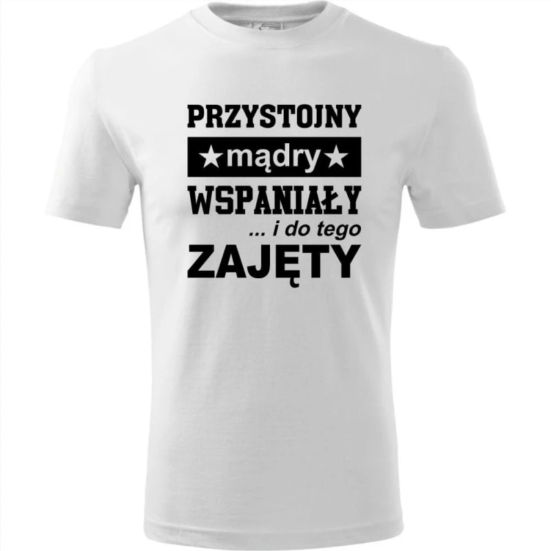 Biała Męska koszulka - Przystojny, mądry, wspaniały - prezent dla chłopaka. Dostępne wszystkie rozmiary S, M, L, XL, XXL, XXXL, XXXXL. Zapraszamy do zakupu.