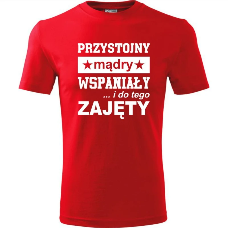 Czerwona Męska koszulka - Przystojny, mądry, wspaniały - prezent dla chłopaka. Dostępne wszystkie rozmiary S, M, L, XL, XXL, XXXL, XXXXL. Zapraszamy do zakupu.