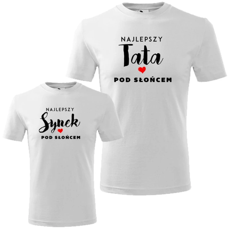 Biały zestaw koszulek męska i dziecięca - najlepszy tata i syn pod słońcem.