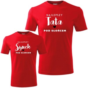 Czerwony zestaw koszulek męska i dziecięca - najlepszy tata i syn pod słońcem.