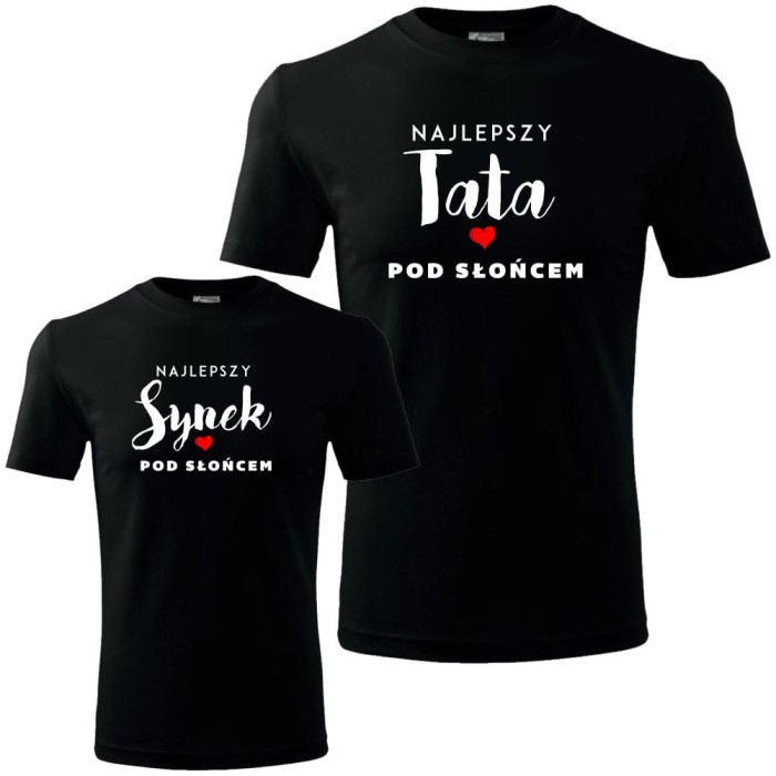 Czarny zestaw koszulek męska i dziecięca - najlepszy tata i syn pod słońcem.