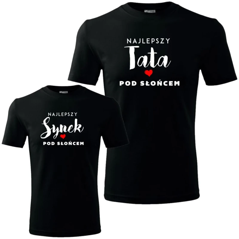 Czarny zestaw koszulek męska i dziecięca - najlepszy tata i syn pod słońcem.