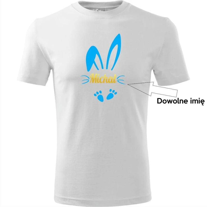 Biała męska koszulka - zając 04 + twoje imię, prezent na Wielkanoc.