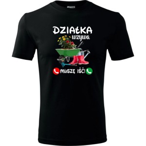 Czarna męska koszulka - działka wzywa, muszę iść! t-shirt dla działkowca na prezent