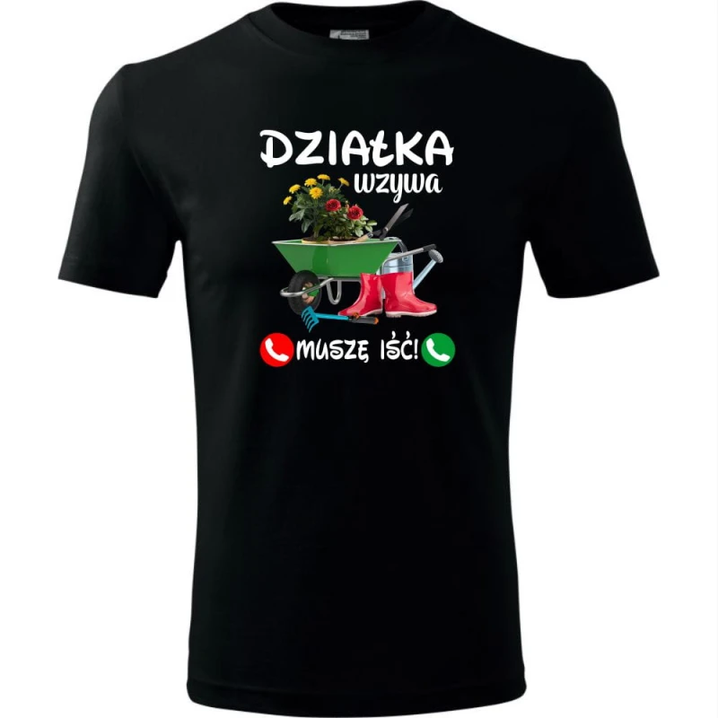Czarna męska koszulka - działka wzywa, muszę iść! t-shirt dla działkowca na prezent