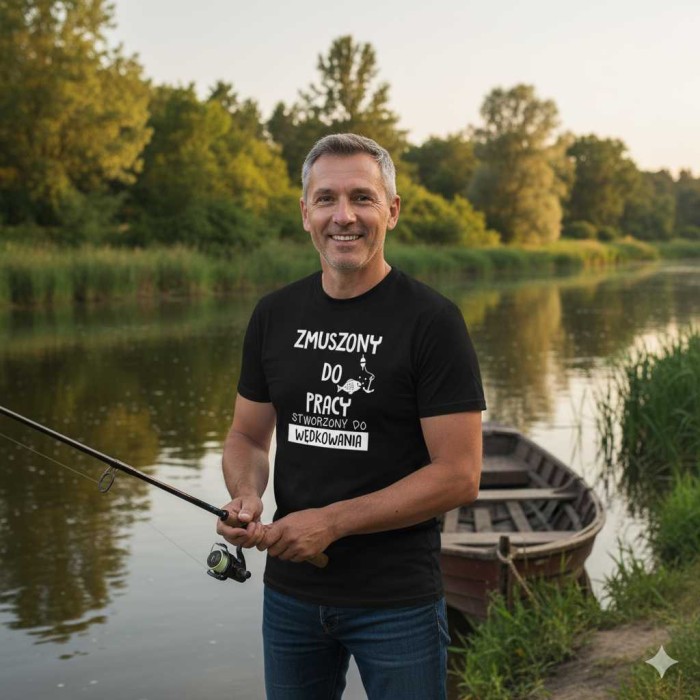 Męska koszulka dla Wędkarza - Zmuszony do pracy, stworzony do wędkowania - t-shirt prezent. Dostępne wszystkie rozmiary S, M, L, XL, XXL, XXXL, XXXXL. Zapraszamy do zakupu.