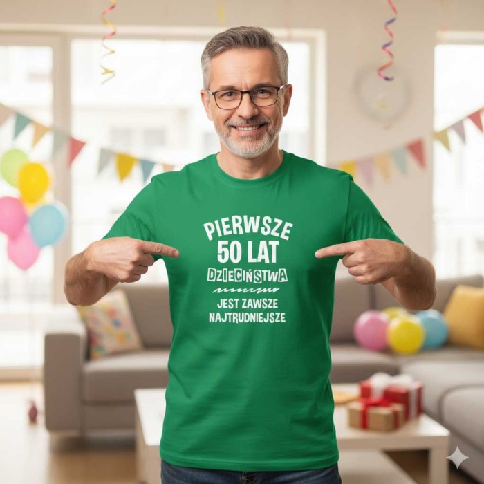 męska koszulka - pierwsze 50 lat dzieciństwa jest zawsze najtrudniejsze . Dostępne wszystkie rozmiary S, M, L, XL, XXL, XXXL, XXXXL. Zapraszamy do zakupu.