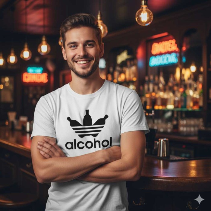 Męska koszulka - Alcohol, śmieszna i wyjątkowa. T-shirt jak znane logo ADIDAS. Dostępne wszystkie rozmiary S, M, L, XL, XXL, XXXL, XXXXL. Zapraszamy do zakupu.