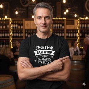 męska koszulka - jestem jak wino - im starszy tym lepszy. Dostępne wszystkie rozmiary S, M, L, XL, XXL, XXXL, XXXXL. Zapraszamy do zakupu.