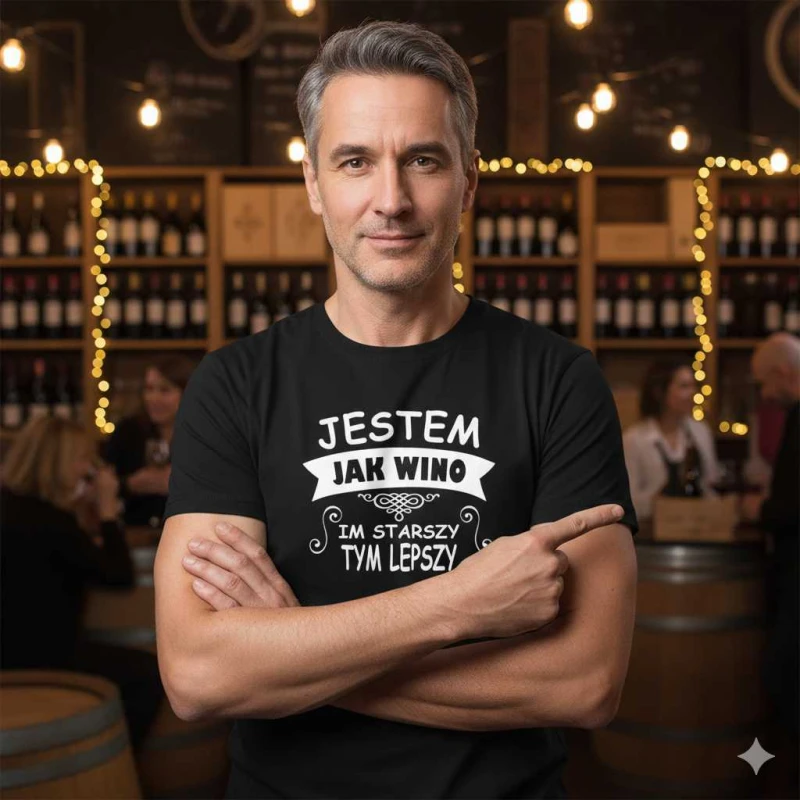męska koszulka - jestem jak wino - im starszy tym lepszy. Dostępne wszystkie rozmiary S, M, L, XL, XXL, XXXL, XXXXL. Zapraszamy do zakupu.