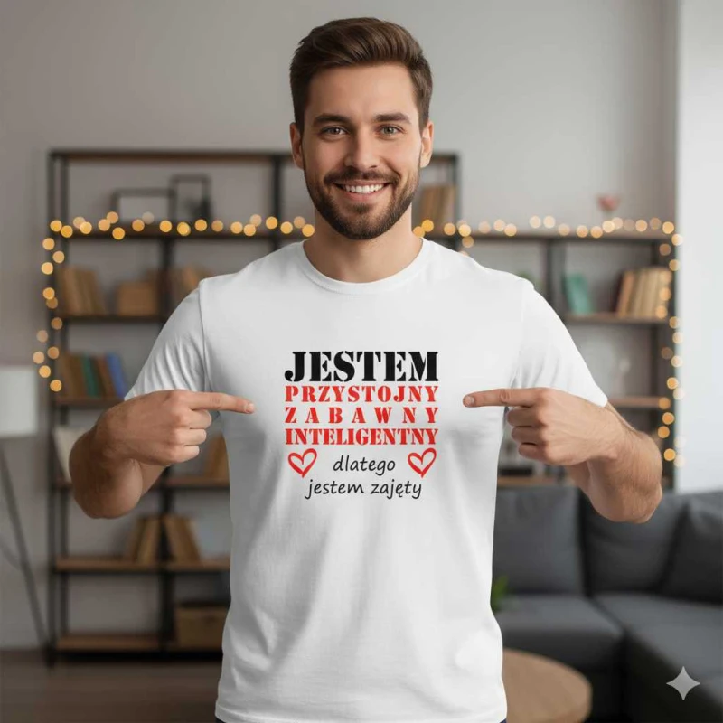 Męska koszulka - Jestem Przystojny, zabawny, inteligentny, dlatego jestem zajęty. Prezent na dzień chłopaka, urodziny, święta. Dostępne wszystkie rozmiary S, M, L, XL, XXL, XXXL, XXXXL. Zapraszamy do zakupu.