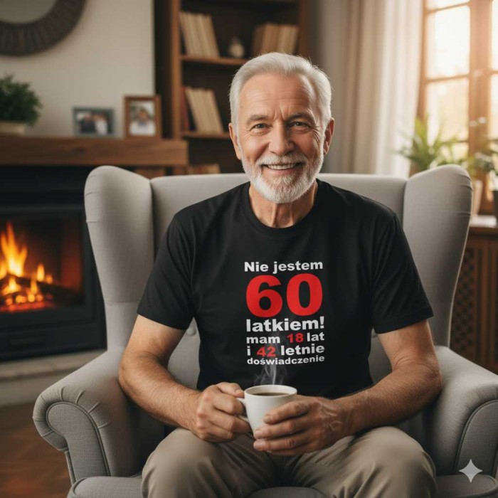 Męska koszulka - nie jestem 60 latkiem, mam 18 lat i 42 lata doświadczenia urodziny prezent. Dostępne wszystkie rozmiary S, M, L, XL, XXL, XXXL, XXXXL. Zapraszamy do zakupu.
