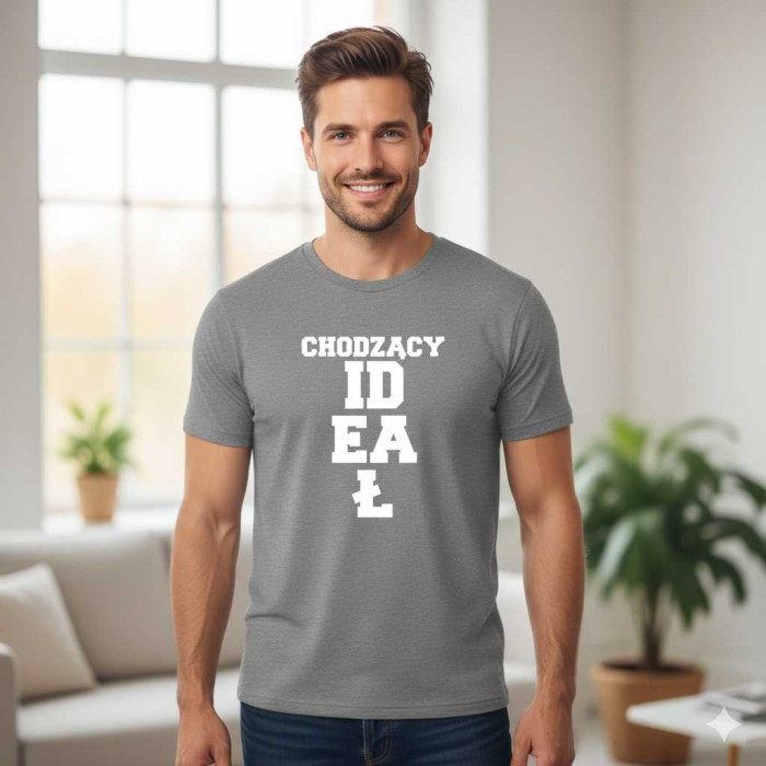 Męska koszulka - Chodzący ideał - prezent dla chłopaka. Dostępne wszystkie rozmiary S, M, L, XL, XXL, XXXL, XXXXL. Zapraszamy do zakupu.