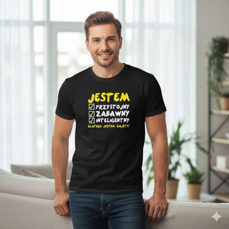 Męska koszulka - Jestem Przystojny 02 - dla chłopaka. Dostępne wszystkie rozmiary S, M, L, XL, XXL, XXXL, XXXXL. Zapraszamy do zakupu.
