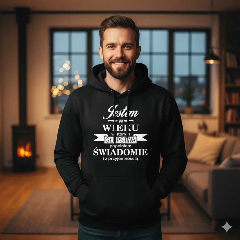 męska bluza z kapturem - jestem w wieku, w którym głupstwa popełniam świadomie i z przyjemnością .Dostępne wszystkie rozmiary S, M, L, XL, XXL, XXXL, XXXXL. Zapraszamy do zakupu.