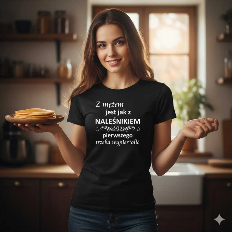 Damska koszulka taliowana - Z mężem jak z naleśnikiem.