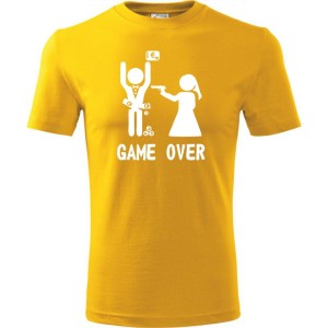 Żółta Męska koszulka - Game over 07 - wieczór kawalerski prezent pan młody pistolet .Dostępne wszystkie rozmiary S, M, L, XL, XXL, XXXL, XXXXL. Zapraszamy do zakupu.