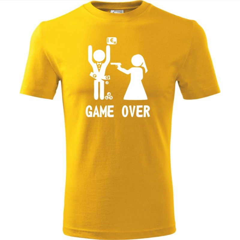 Żółta Męska koszulka - Game over 07 - wieczór kawalerski prezent pan młody pistolet .Dostępne wszystkie rozmiary S, M, L, XL, XXL, XXXL, XXXXL. Zapraszamy do zakupu.
