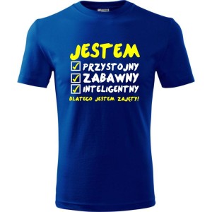 Niebieska Męska koszulka - Jestem Przystojny 02 - dla chłopaka. Dostępne wszystkie rozmiary S, M, L, XL, XXL, XXXL, XXXXL. Zapraszamy do zakupu.