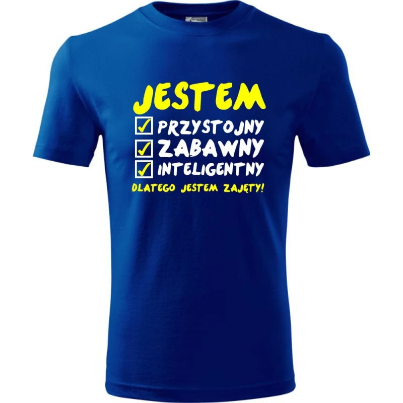 Niebieska Męska koszulka - Jestem Przystojny 02 - dla chłopaka. Dostępne wszystkie rozmiary S, M, L, XL, XXL, XXXL, XXXXL. Zapraszamy do zakupu.