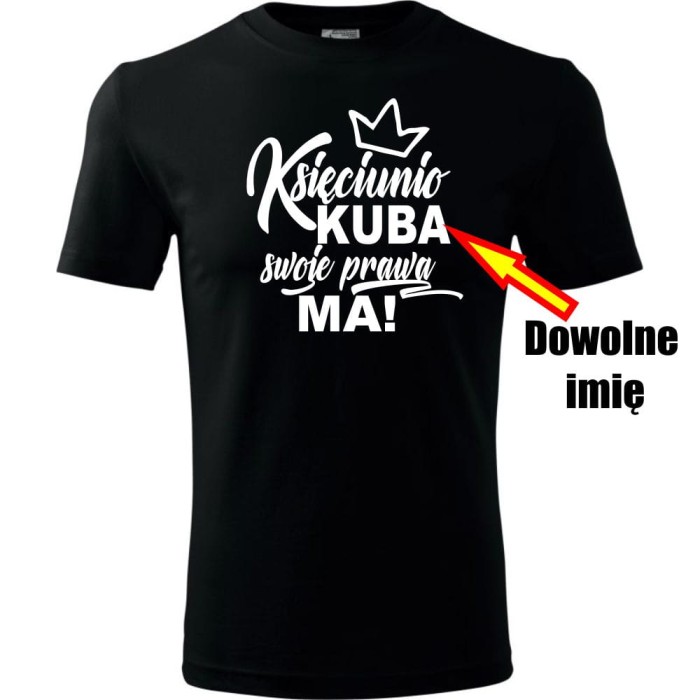Czarna Męska koszulka - Księciunio + dowolne imię -t-shirt na prezent.
