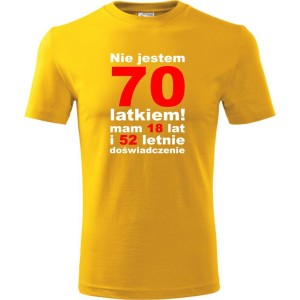 żółta Męska koszulka - nie jestem 70 latkiem mam 18 lat i 52 letnie doświadczenie urodziny prezent. Dostępne wszystkie rozmiary S, M, L, XL, XXL, XXXL, XXXXL. Zapraszamy do zakupu.