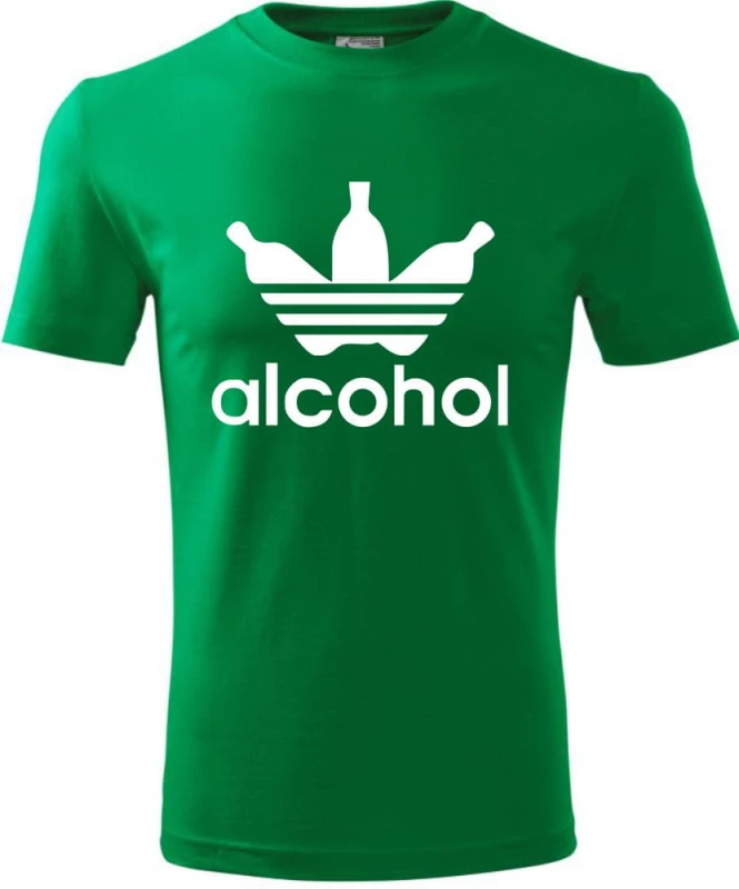 zielona Męska koszulka - Alcohol, śmieszna i wyjątkowa. T-shirt jak znane logo ADIDAS. Dostępne wszystkie rozmiary S, M, L, XL, XXL, XXXL, XXXXL. Zapraszamy do zakupu.